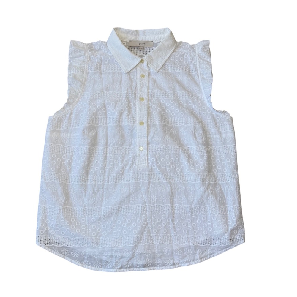 Loft Sleeveless Embroidered Top Sz M White Eyelet Ruffle Cottage Beach Coastal